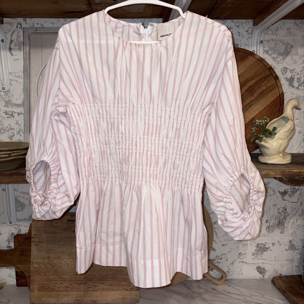 Anthropologie Industry Stripe Smocked Boho 100% Cotton Balloon Sleeve Top Shirt
